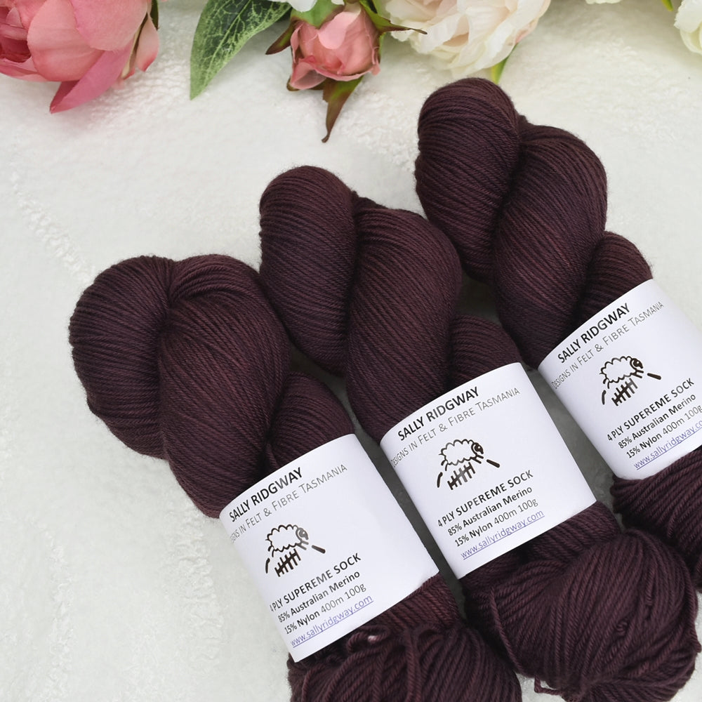 4 ply Supreme Sock Yarn Hand Dyed Mountain Wine| Sock Yarn | Sally Ridgway | Shop Wool, Felt and Fibre Online