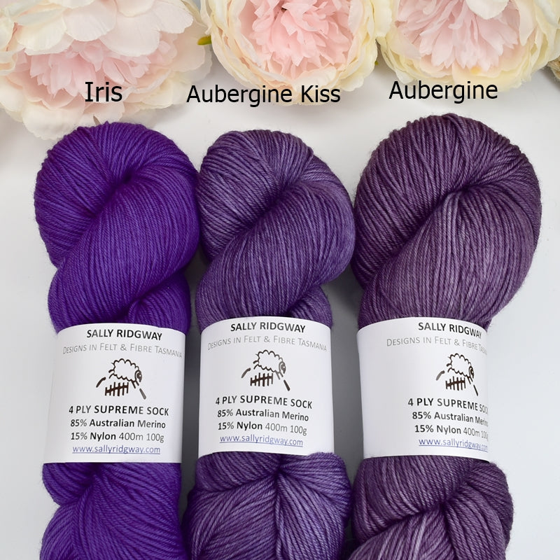 4 ply Supreme Sock Yarn Hand Dyed Aubergine Kiss| Sock Yarn | Sally Ridgway | Shop Wool, Felt and Fibre Online