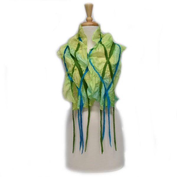Nuno Felt Silk Art Scarf in Lime Green Turquoise 12734| Wool Felt Scarves | Sally Ridgway | Shop Wool, Felt and Fibre Online