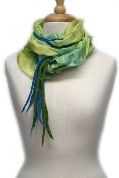 Nuno Felt Silk Art Scarf in Lime Green Turquoise 12734| Wool Felt Scarves | Sally Ridgway | Shop Wool, Felt and Fibre Online