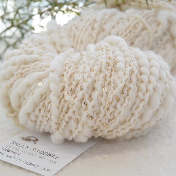 Hand Spun Chunky Merino Wool Yarn Thick & Thin with Sequins Natural White 11651| Hand Spun Yarn | Sally Ridgway | Shop Wool, Felt and Fibre Online