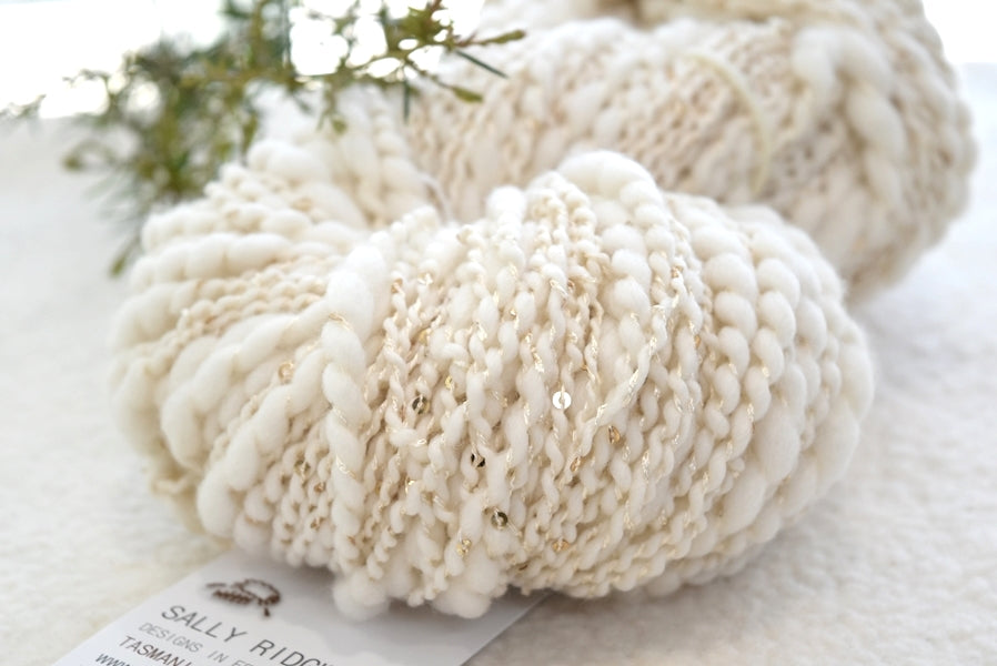 Hand Spun Thick & Thin Yarn with Sequins Natural White 11651| Hand Spun Yarn | Sally Ridgway | Shop Wool, Felt and Fibre Online