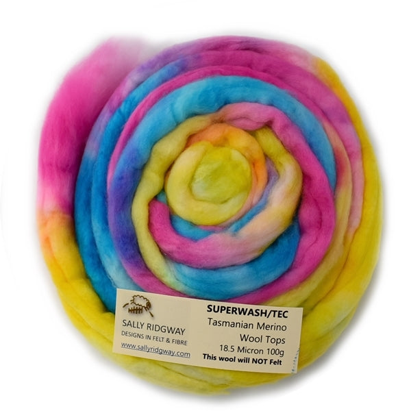 Superwash Tasmanian Merino Wool Top (Roving) Fluro Rainbow 12909| Superwash Merino Wool Tops | Sally Ridgway | Shop Wool, Felt and Fibre Online