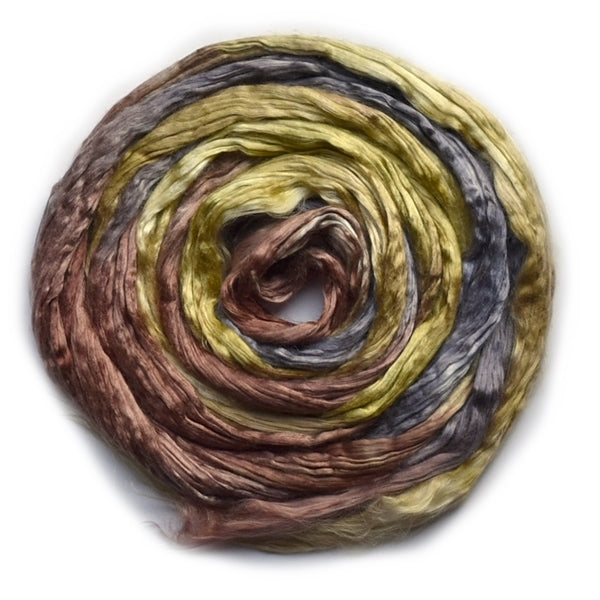 Mulberry Silk Roving Hand Dyed in Mossy Brown 20 Grams 12817| Silk Roving/Sliver | Sally Ridgway | Shop Wool, Felt and Fibre Online