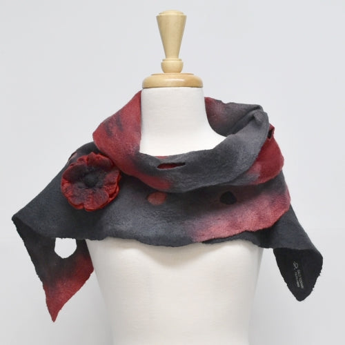 Red Black Wool Felted Scarf Wrap in Superfine Australian Merino 12259| Wool Felt Scarves | Sally Ridgway | Shop Wool, Felt and Fibre Online