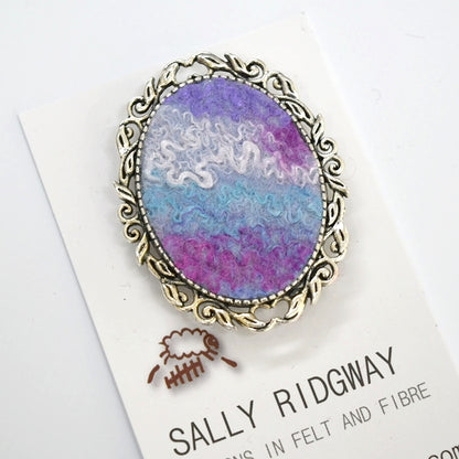 Silver Wool Felt and Metal Oval Brooch Pin in Blue and Pink 13026| Brooch | Sally Ridgway | Shop Wool, Felt and Fibre Online