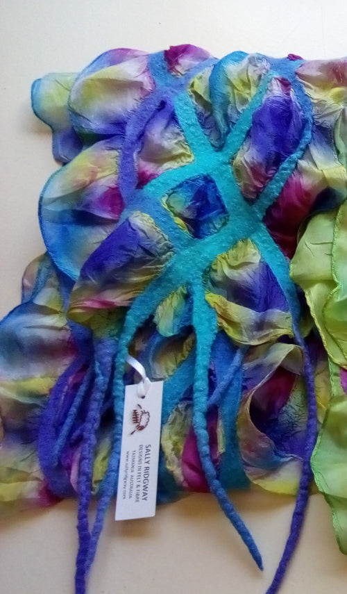 Wool Felted Scarf Wrap Australian Merino Blue Green 11859| Wool Felt Scarves | Sally Ridgway | Shop Wool, Felt and Fibre Online