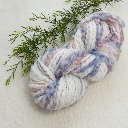 White Chunky Hand Spun Art Yarn Pink Blue Mix 12556| Hand Spun Yarn | Sally Ridgway | Shop hand spun art yarn Online