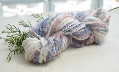 White Chunky Hand Spun Art Yarn Pink Blue Mix 12556| Hand Spun Yarn | Sally Ridgway | Shop handspun art yarn Online