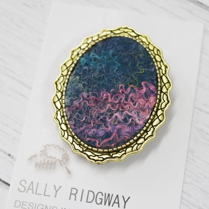 Wool Felt Metal Brooch Pin in Turquoise Pink Oval 12574-Brooch-1-Sally Ridgway Designs in Felt &amp; Fibre