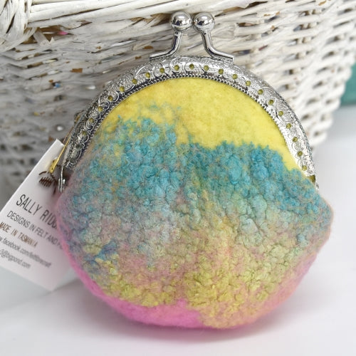 Wool Felt Purse Kiss Lock Coin Pouch Pink Yellow Blue 12149| Coin Purse | Sally Ridgway | Shop Wool, Felt and Fibre Online