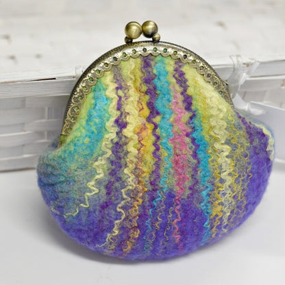 Wool Felted Kiss Lock Coin Purse in Blue and Green Multi Colour 12313-Coin Purse-1-Sally Ridgway Designs in Felt &amp; Fibre