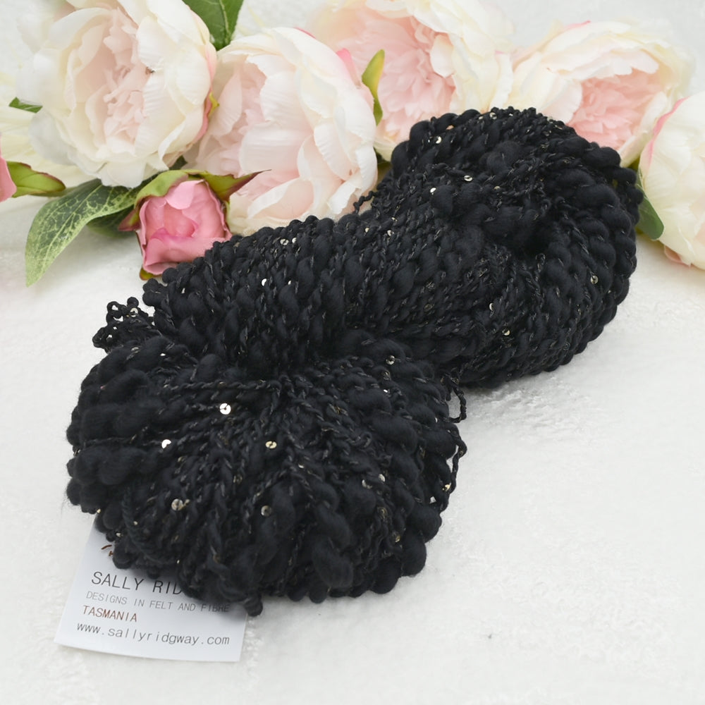 Black Hand Spun Chunky Merino Wool Yarn Thick & Thin with Sequins| Hand Spun Yarn | Sally Ridgway | Shop Wool, Felt and Fibre Online