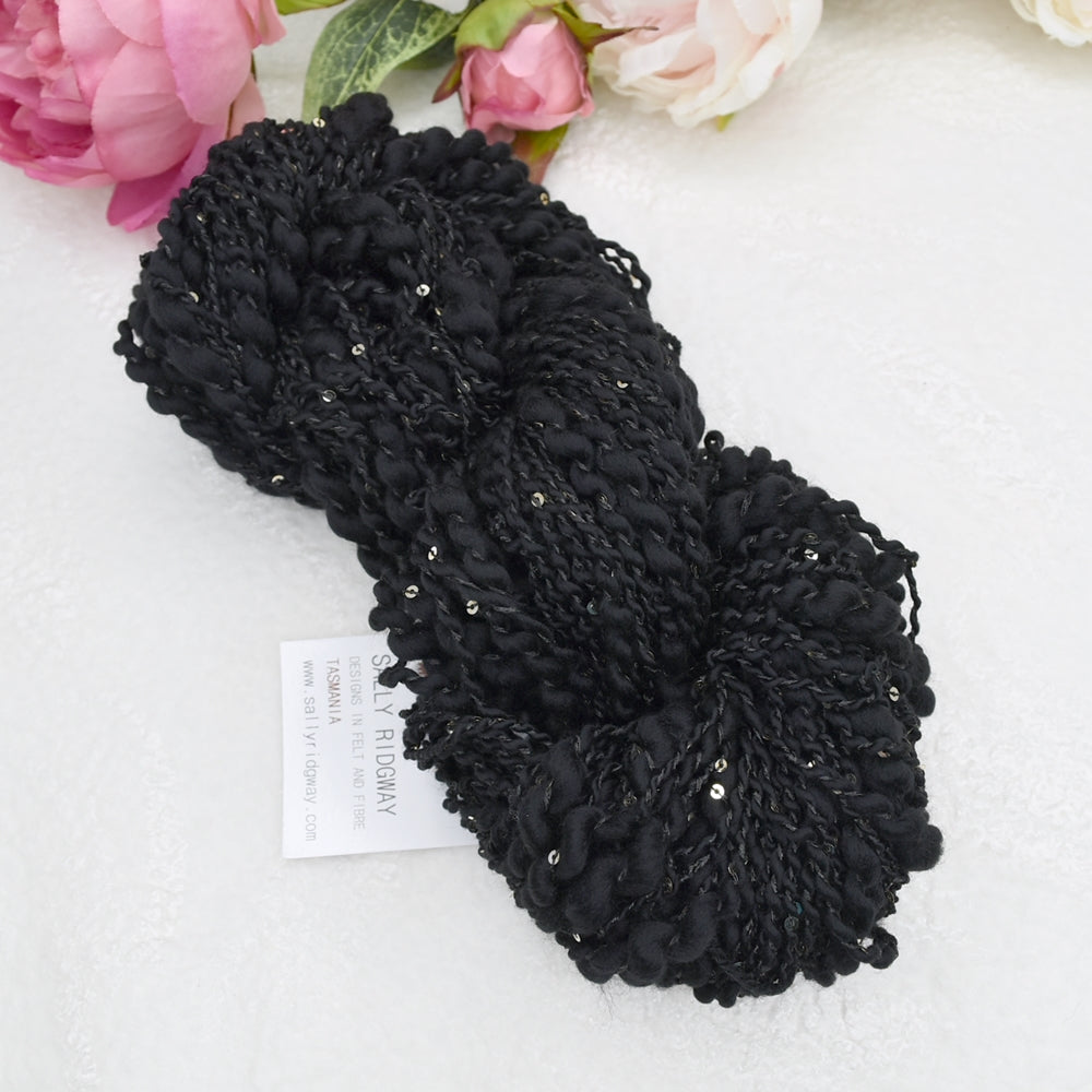 Black Hand Spun Chunky Merino Wool Yarn Thick & Thin with Sequins| Hand Spun Yarn | Sally Ridgway | Shop Wool, Felt and Fibre Online