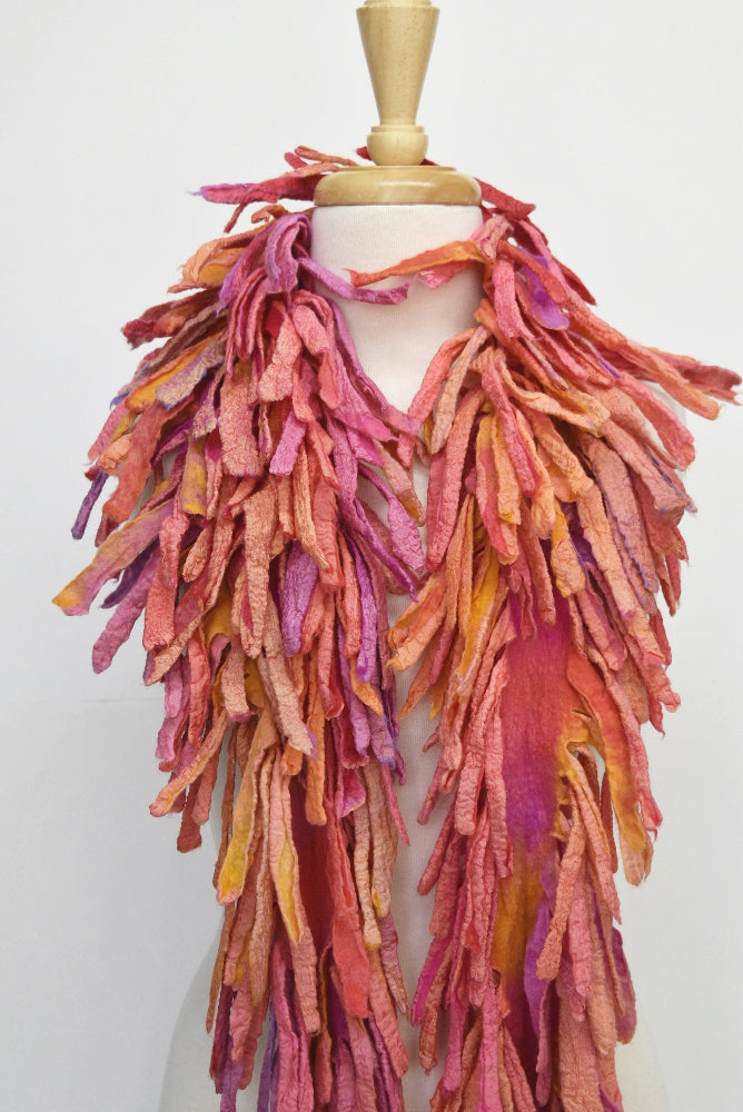 Wool Felted Scarf Boa Wrap Hand Made Pink Orange Mix 12258-Wool Felt Scarves-2-Sally Ridgway Designs in Felt &amp; Fibre