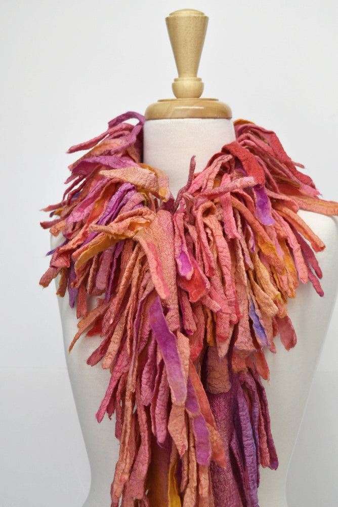 Wool Felted Scarf Boa Wrap Hand Made Pink Orange Mix 12258-Wool Felt Scarves-3-Sally Ridgway Designs in Felt &amp; Fibre