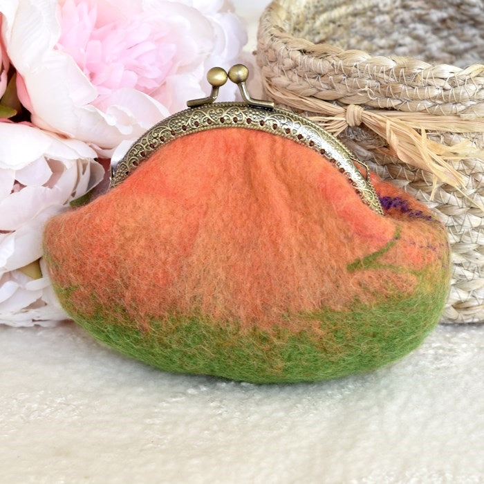 Hand Made Wool Felted Coin Purse in Orange and Green| Coin Purse | Sally Ridgway | Shop Wool, Felt and Fibre Online