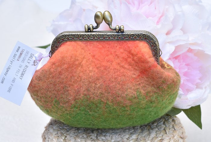 Hand Made Wool Felted Coin Purse in Orange and Green 13433| Coin Purse | Sally Ridgway | Shop Wool, Felt and Fibre Online