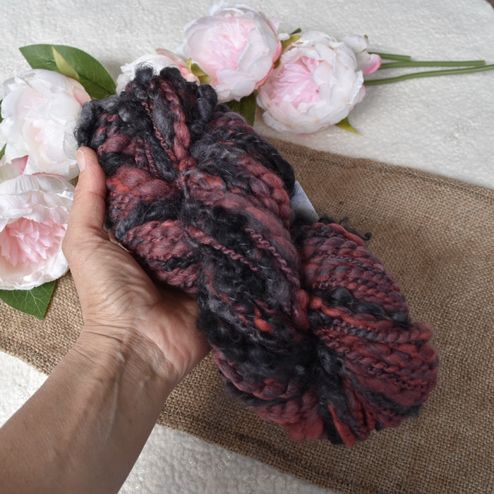 Hand Spun Tasmanian Merino Wool Chunky Art Yarn in Red and Black 12739| Hand Spun Yarn | Sally Ridgway | Shop Wool, Felt and Fibre Online