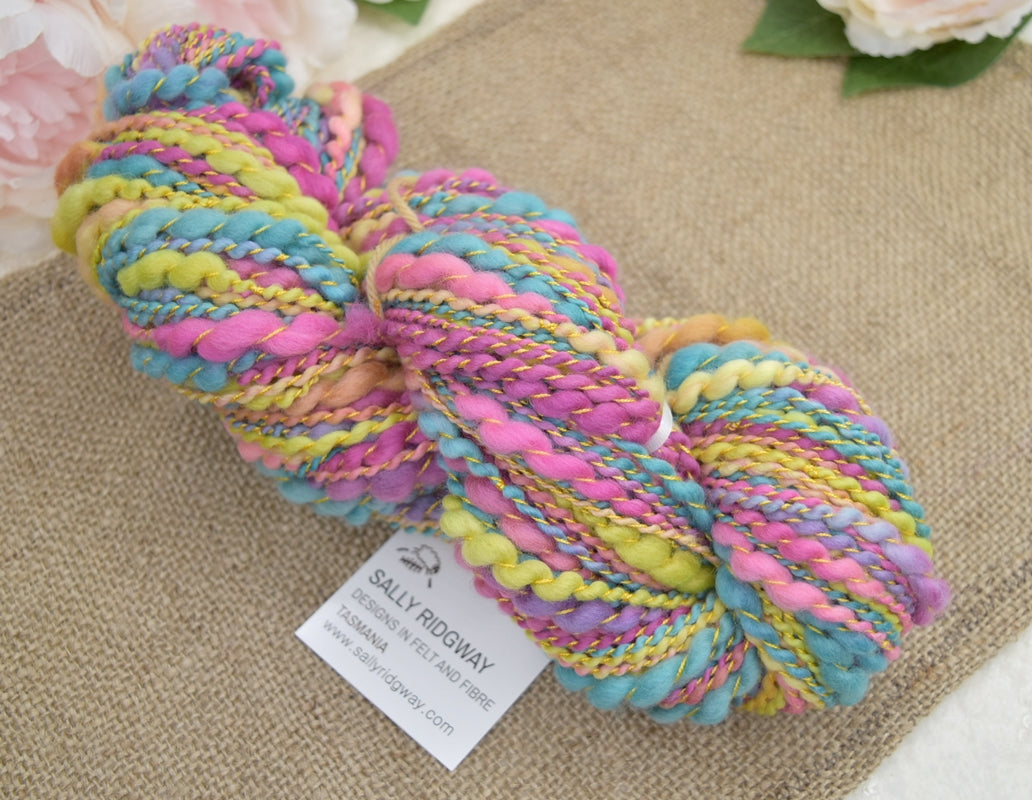 Hand Spun Thick & Thin Tasmanian Merino Yarn in Sunshine| Hand Spun Yarn | Sally Ridgway | Shop Wool, Felt and Fibre Online