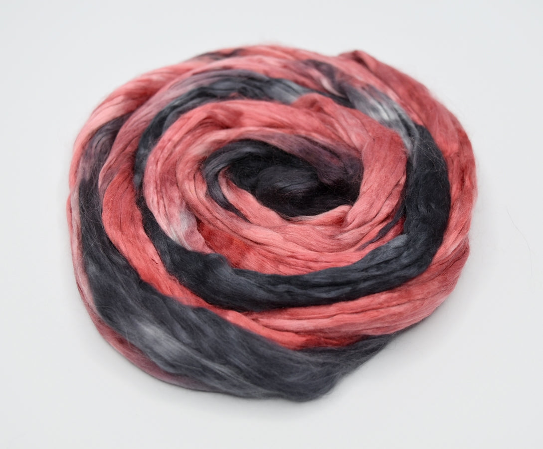 Mulberry Silk Roving Hand Dyed in Black and Red| Silk Roving/Sliver | Sally Ridgway | Shop Wool, Felt and Fibre Online