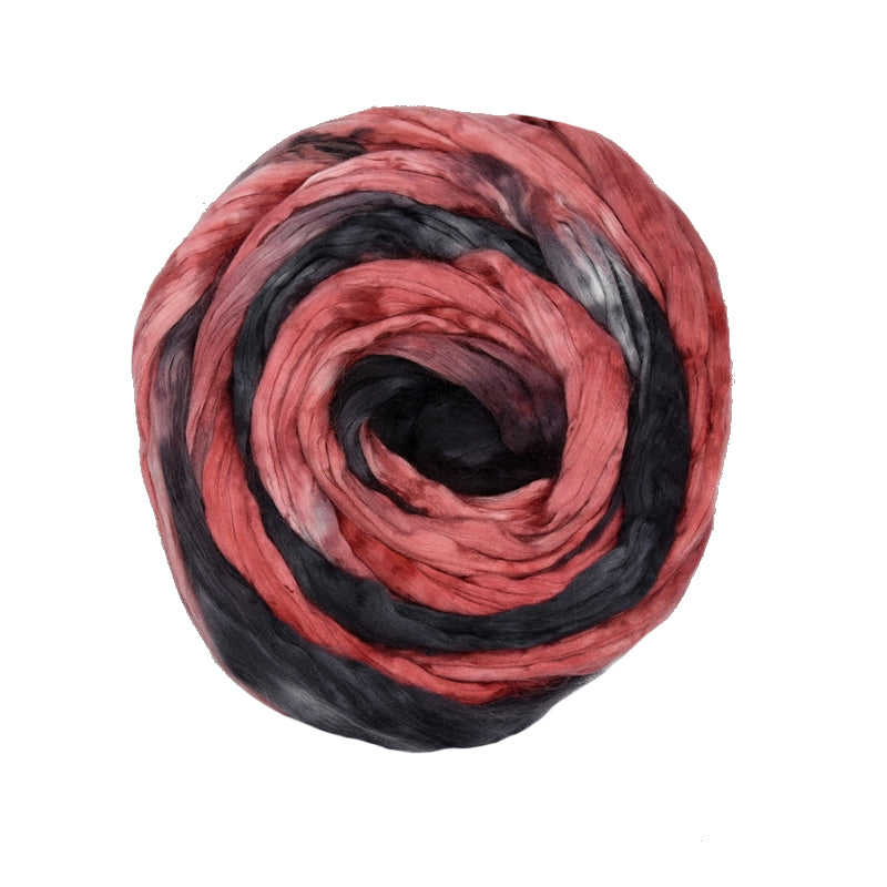 Mulberry Silk Roving Hand Dyed in Black and Red| Silk Roving/Sliver | Sally Ridgway | Shop Wool, Felt and Fibre Online