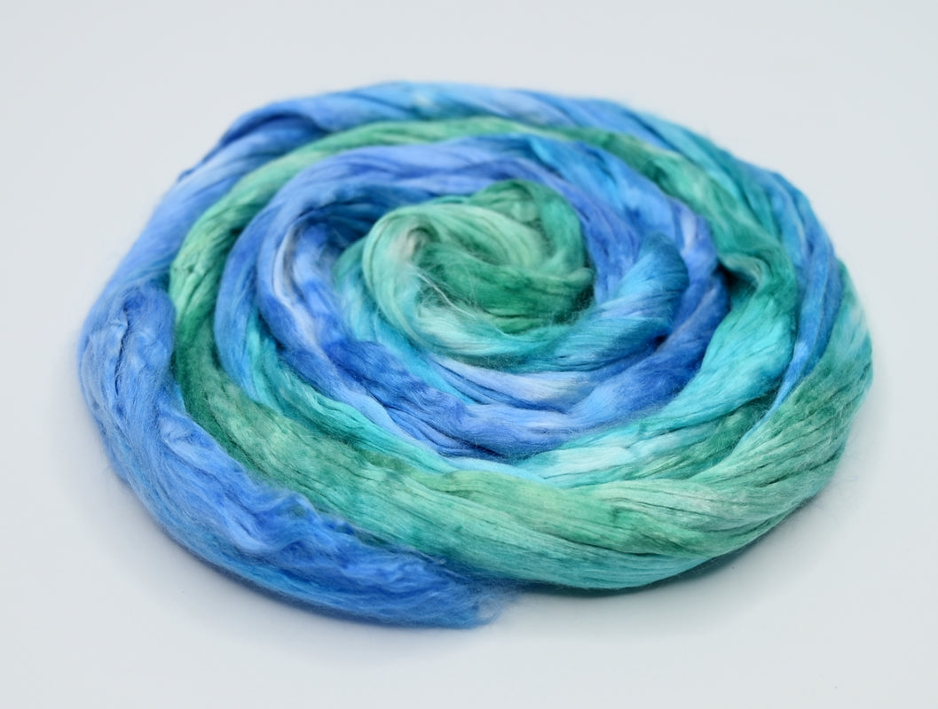 Mulberry Silk Roving Hand Dyed in Blue Opal| Silk Roving/Sliver | Sally Ridgway | Shop Wool, Felt and Fibre Online