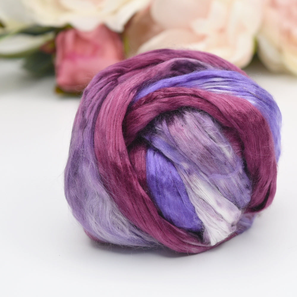 Mulberry Silk Roving Hand Dyed in Eggplant| Silk Roving/Sliver | Sally Ridgway | Shop Wool, Felt and Fibre Online
