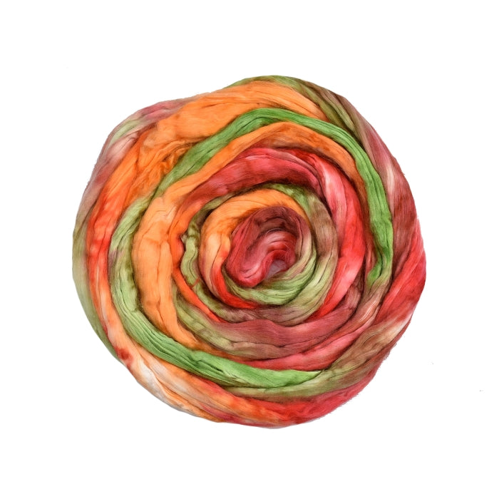 Mulberry Silk Roving Hand Dyed in Orange Sunset| Silk Roving/Sliver | Sally Ridgway | Shop Wool, Felt and Fibre Online