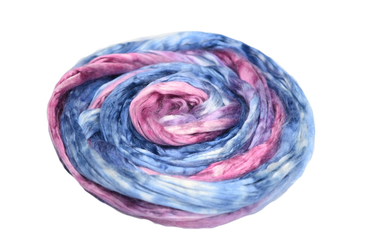 Mulberry Silk Roving Hand Dyed in Pink Blueberries| Silk Roving/Sliver | Sally Ridgway | Shop Wool, Felt and Fibre Online
