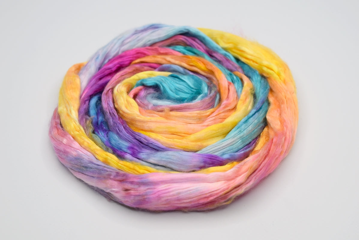 Mulberry Silk Roving Hand Dyed in Orange Rainbow| Silk Roving/Sliver | Sally Ridgway | Shop Wool, Felt and Fibre Online