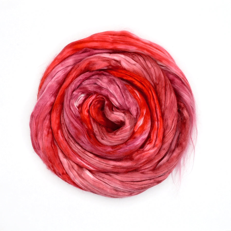 Mulberry Silk Roving Hand Dyed in Red Delicious| Silk Roving/Sliver | Sally Ridgway | Shop Wool, Felt and Fibre Online