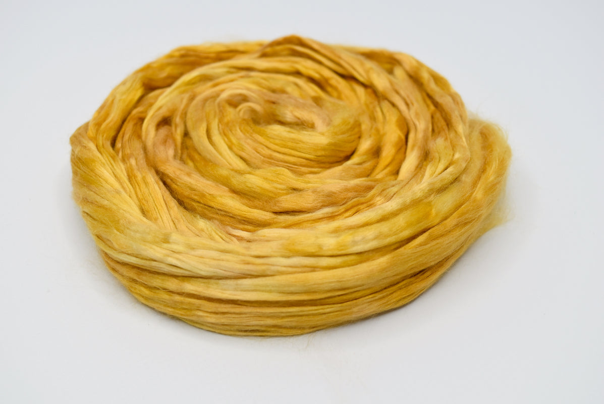 Mulberry Silk Roving Hand Dyed in Yellow| Silk Roving/Sliver | Sally Ridgway | Shop Wool, Felt and Fibre Online
