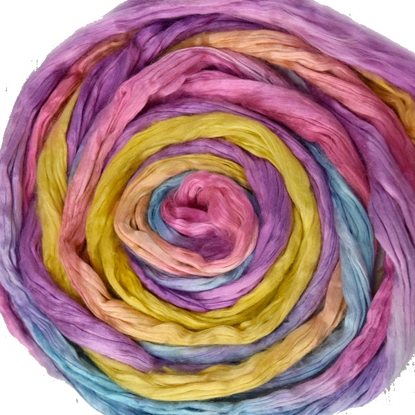 Mulberry Silk Roving Hand Dyed in Pink Rainbow 12970| Silk Roving/Sliver | Sally Ridgway | Shop Wool, Felt and Fibre Online