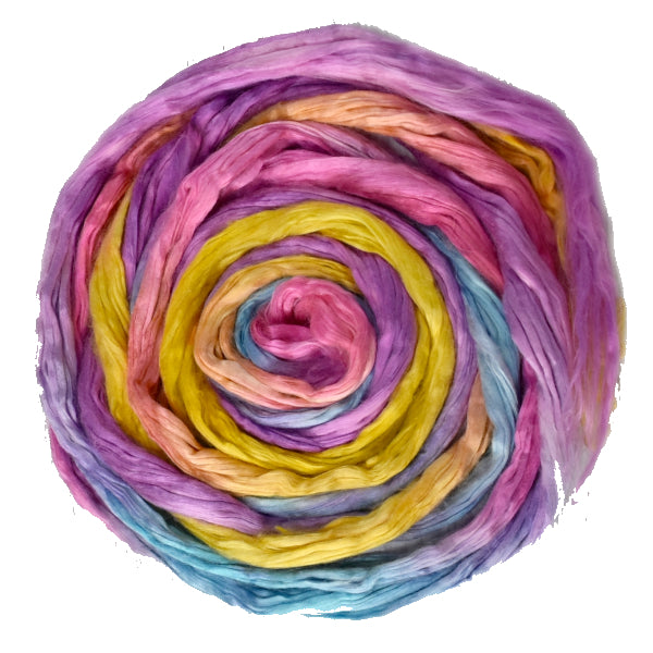 Mulberry Silk Roving Hand Dyed in Pink Rainbow 12970| Silk Roving/Sliver | Sally Ridgway | Shop Wool, Felt and Fibre Online