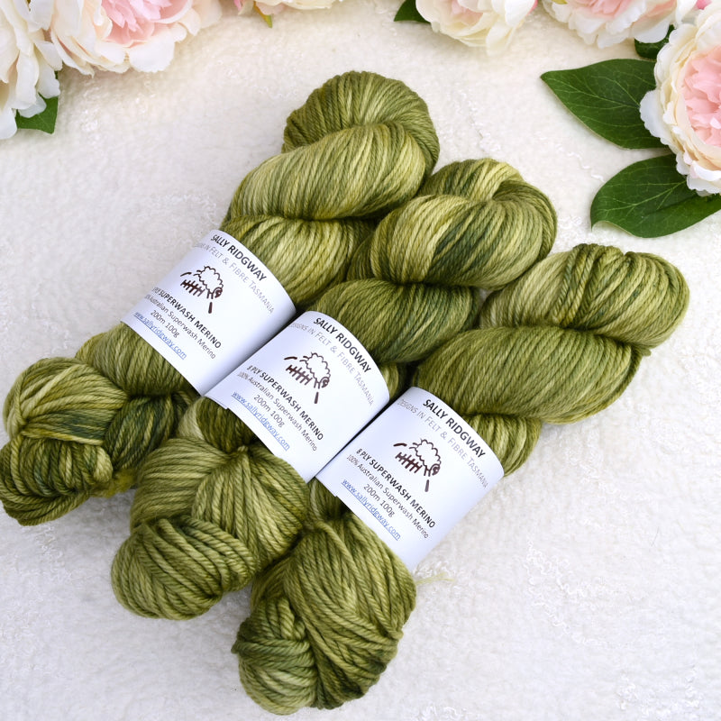Olive Leaves on 8 Ply DK Superwash 100% Merino Yarn| 8 Ply Superwash Merino Yarn | Sally Ridgway | Shop Wool, Felt and Fibre Online