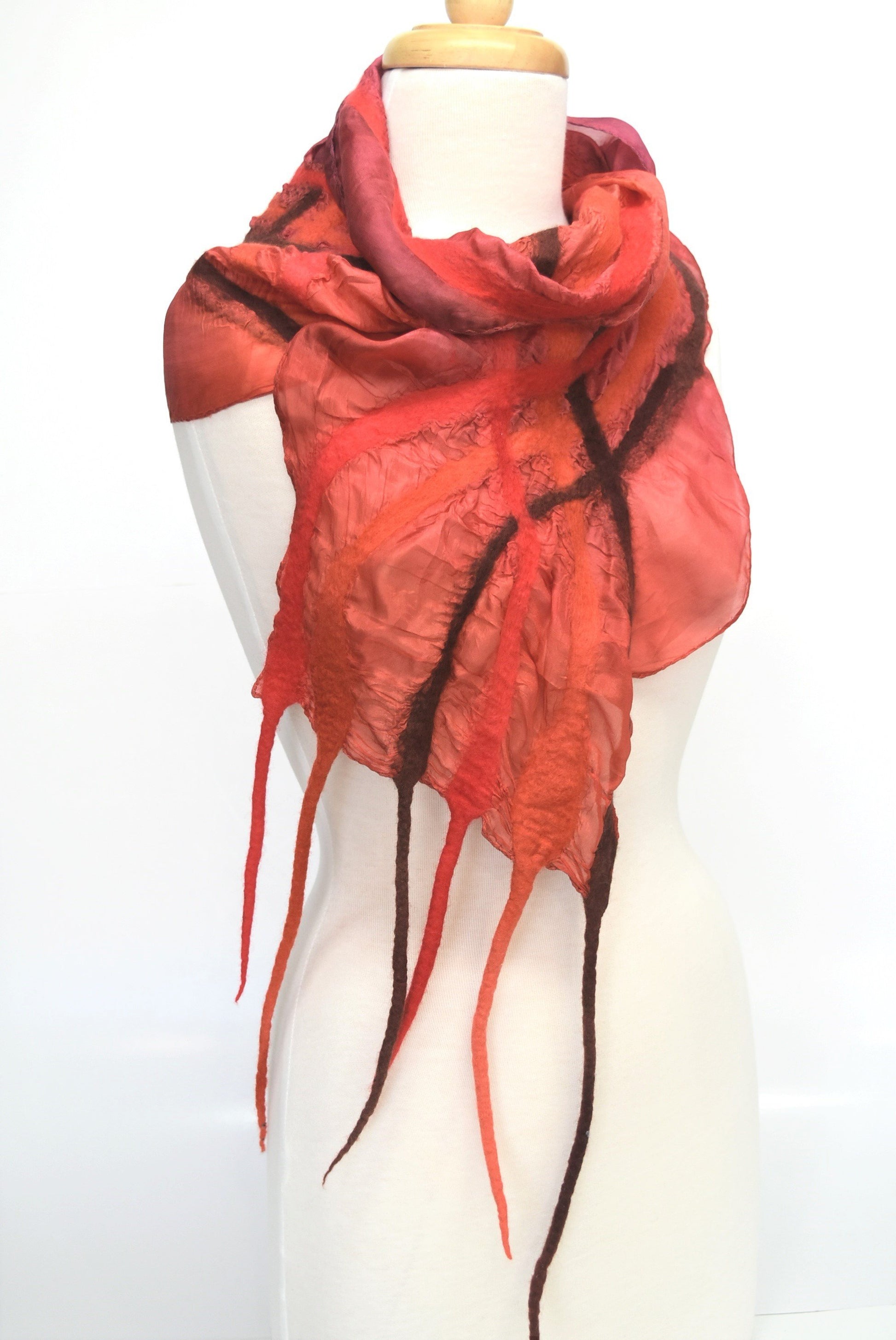 Nuno Felt Silk Scarf Red Orange Brown 12257-Wool Felt Scarves-1-Sally Ridgway Designs in Felt &amp; Fibre