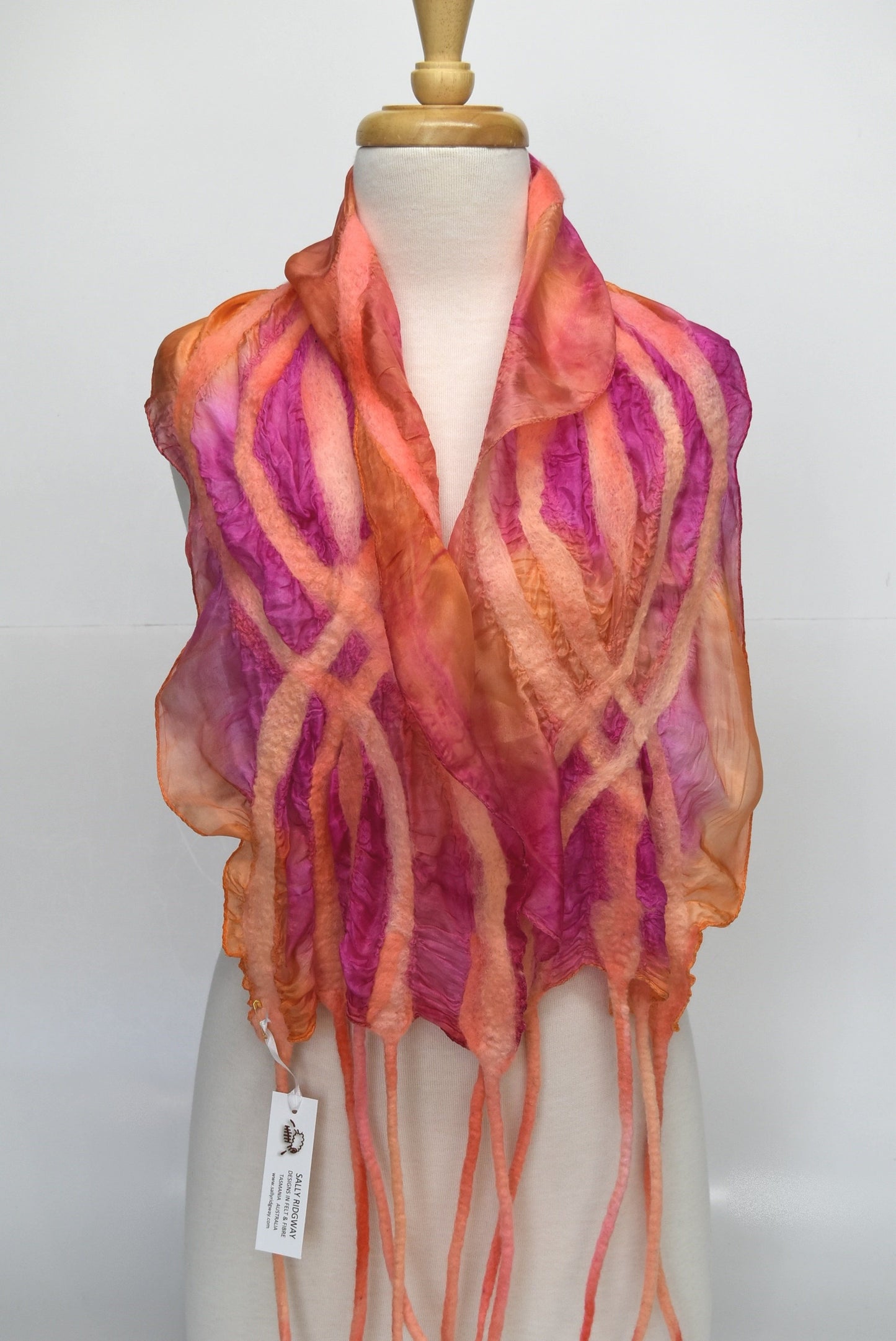 Nuno Felted Silk Scarf Pink Orange Mix 12265-Wool Felt Scarves-1-Sally Ridgway Designs in Felt &amp; Fibre