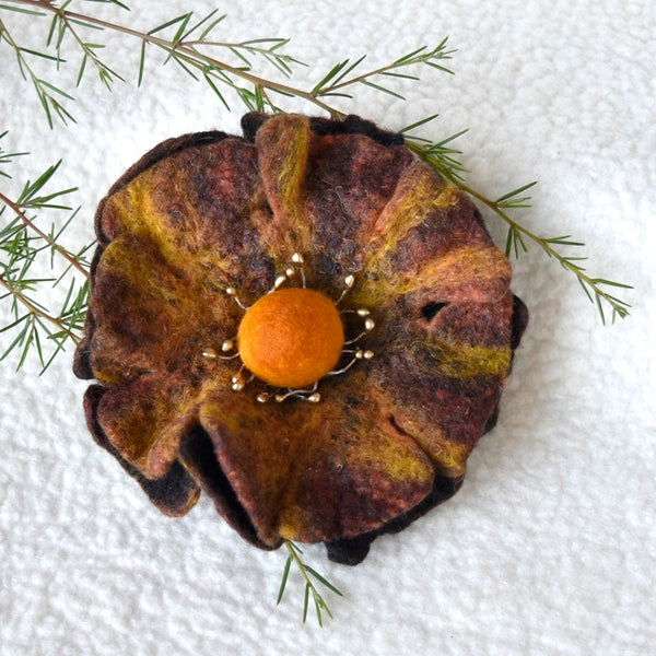 Large Wool Felt Flower Brooch Pin in Burnt Orange 13183| Brooch | Sally Ridgway | Shop Wool, Felt and Fibre Online