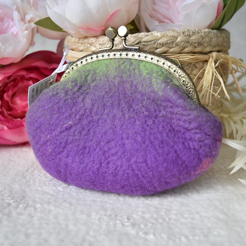 Purple and Green Wool Felt Accessory Purse| Coin Purse | Sally Ridgway | Shop Wool, Felt and Fibre Online