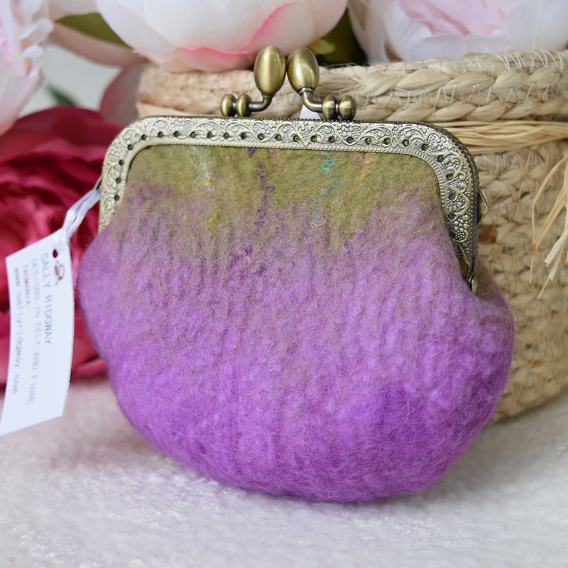 Purple and Olive Wool Felt Accessory Purse Square Frame| Coin Purse | Sally Ridgway | Shop Wool, Felt and Fibre Online