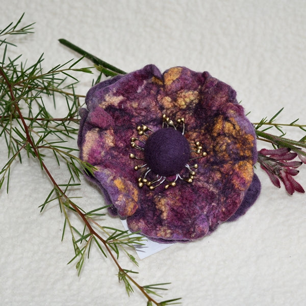 Large Wool Felt Flower Brooch Pin in Aubergine 13180| Brooch | Sally Ridgway | Shop Wool, Felt and Fibre Online