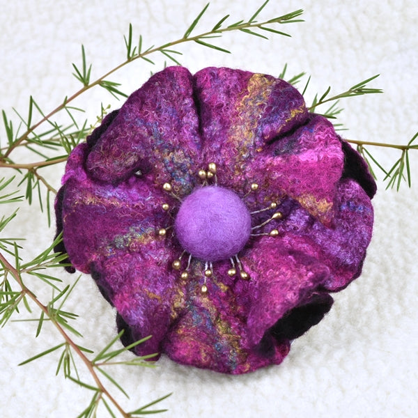 Large Wool Felt Flower Brooch Pin in Raspberry 13227| Brooch | Sally Ridgway | Shop Wool, Felt and Fibre Online