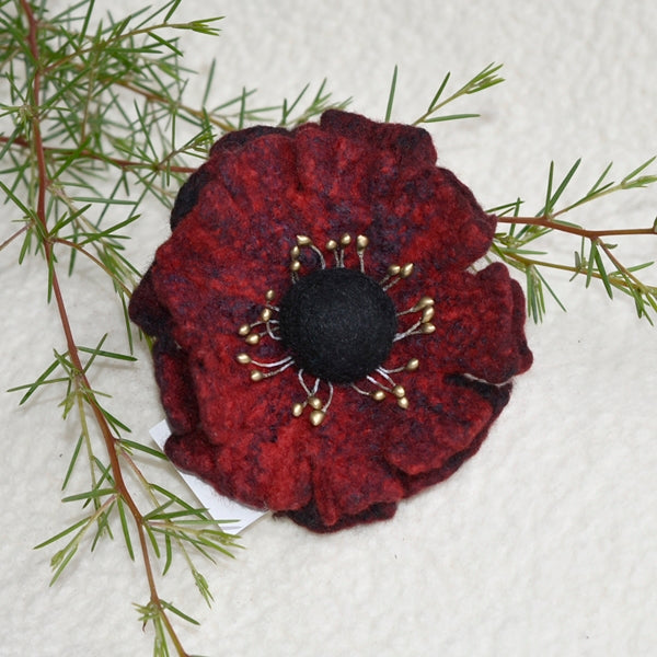 Wool Felt Flower Brooch Pin in Red and Black 13179| Brooch | Sally Ridgway | Shop Wool, Felt and Fibre Online