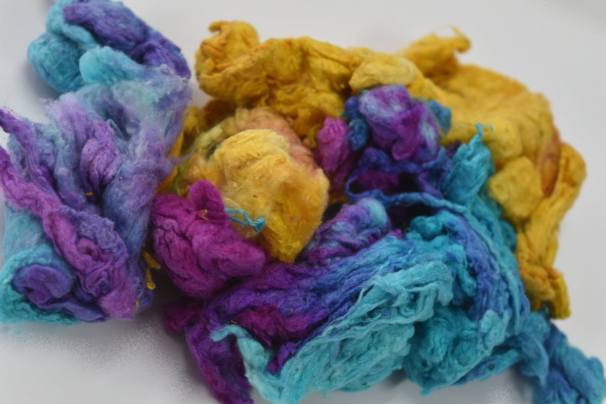 Mulberry Silk Noil Fibre Hand Dyed, Recycled Yellow Blue Crimson Mix 20 g 11704-Silk Noil-2-20 Grams-Sally Ridgway Designs in Felt &amp; Fibre