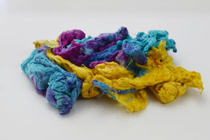 Mulberry Silk Noil Fibre Hand Dyed, Recycled Yellow Blue Crimson Mix 20 g 11704-Silk Noil-3-20 Grams-Sally Ridgway Designs in Felt &amp; Fibre