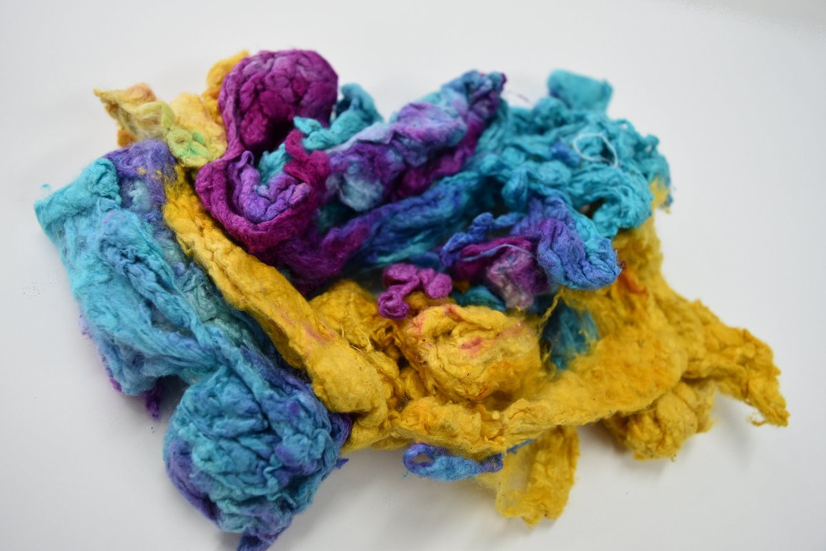 Mulberry Silk Noil Fibre Hand Dyed, Recycled Yellow Blue Crimson Mix 20 g 11704-Silk Noil-4-20 Grams-Sally Ridgway Designs in Felt &amp; Fibre