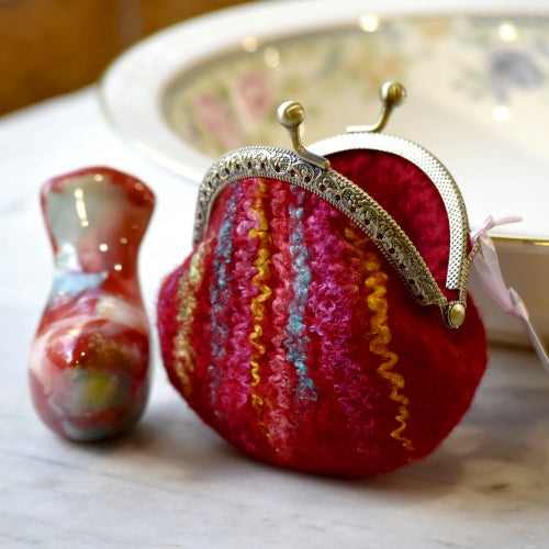 Coin Purse Wool Felted Purse Kiss Lock Jewellery Pouch Pink Green Multi 12148| Coin Purse | Sally Ridgway | Shop Wool, Felt and Fibre Online