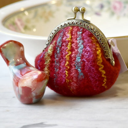 Coin Purse Wool Felted Purse Kiss Lock Jewellery Pouch Pink Green Multi 12148| Coin Purse | Sally Ridgway | Shop Wool, Felt and Fibre Online