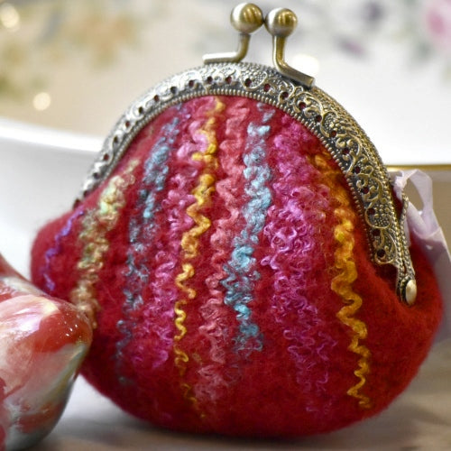 Coin Purse Wool Felted Purse Kiss Lock Jewellery Pouch Pink Green Multi 12148| Coin Purse | Sally Ridgway | Shop Wool, Felt and Fibre Online